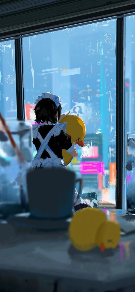 女仆少女抱黄鸭雨夜动漫手机壁纸