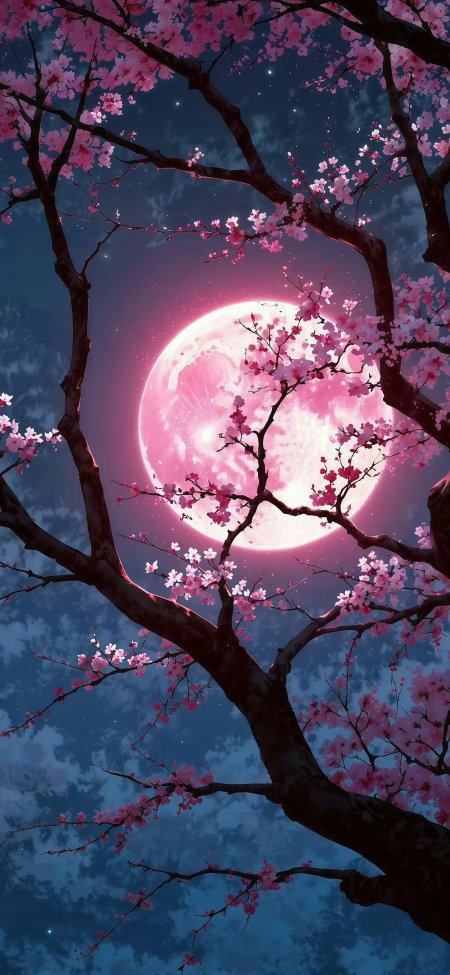粉月樱花枝下夜空唯美风景手机壁纸