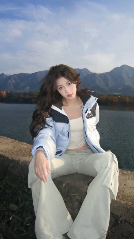 山湖户外羽绒服清新美女手机壁纸