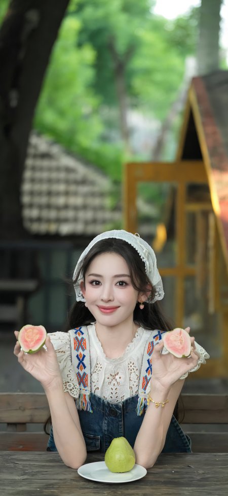 白蕾丝头巾捧番石榴美女手机壁纸