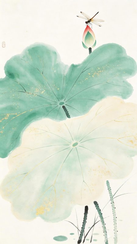 青绿描金荷苞蜻蜓国风古风手机壁纸