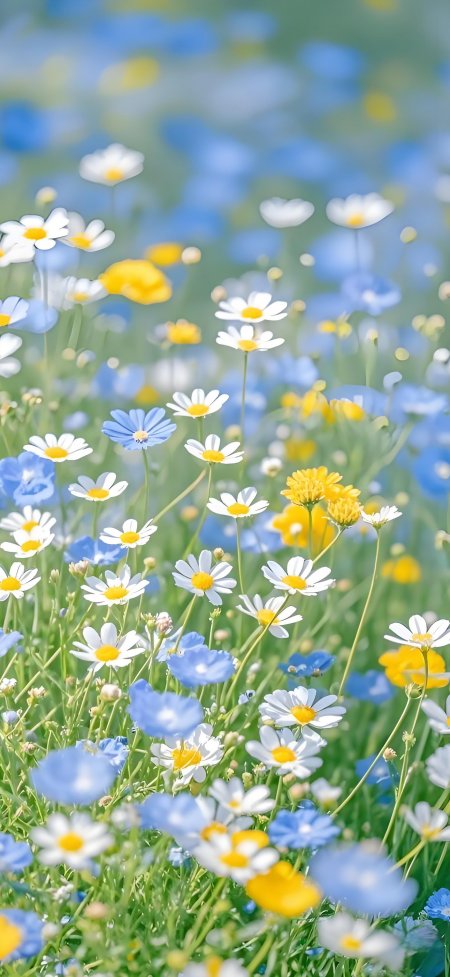 蓝白黄野花草地治愈风景手机壁纸