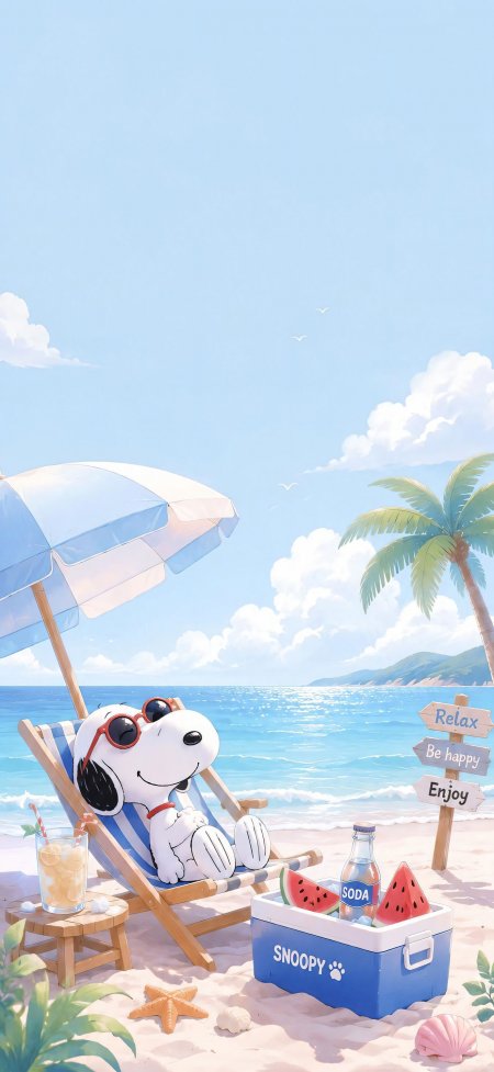 史努比沙滩躺椅夏日度假动漫手机壁纸