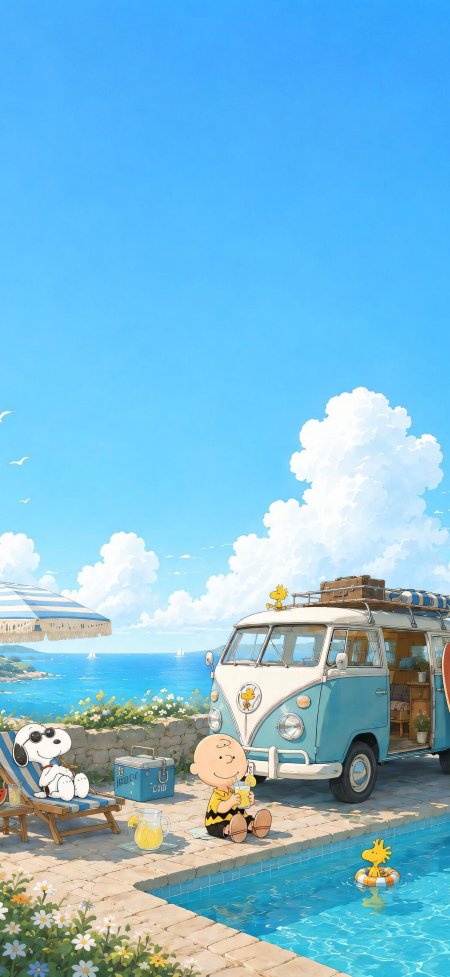 史努比夏日泳池海边度假动漫手机壁纸