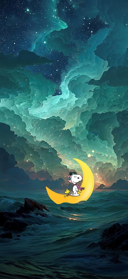 史努比飞行员月夜星空动漫手机壁纸