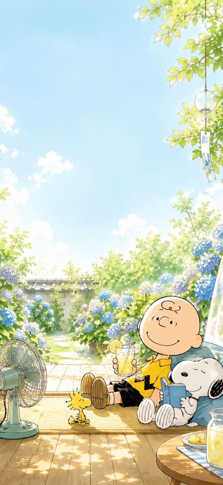 史努比夏日绣球花庭院动漫手机壁纸