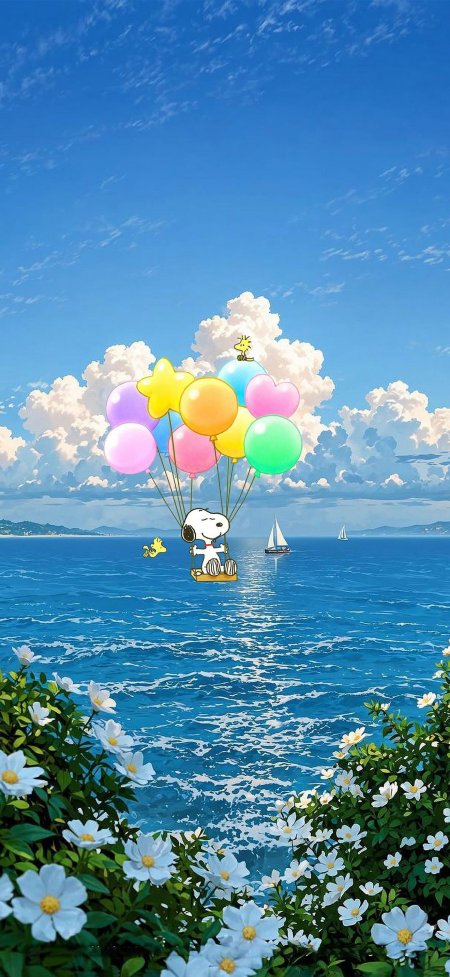 史努比气球飞翔蓝海天空动漫手机壁纸
