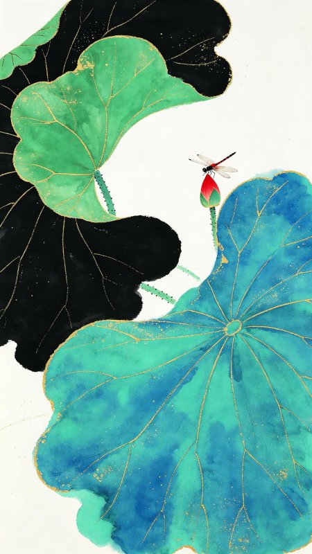 描金蓝绿荷叶蜻蜓立苞水墨绘画古风手机壁纸