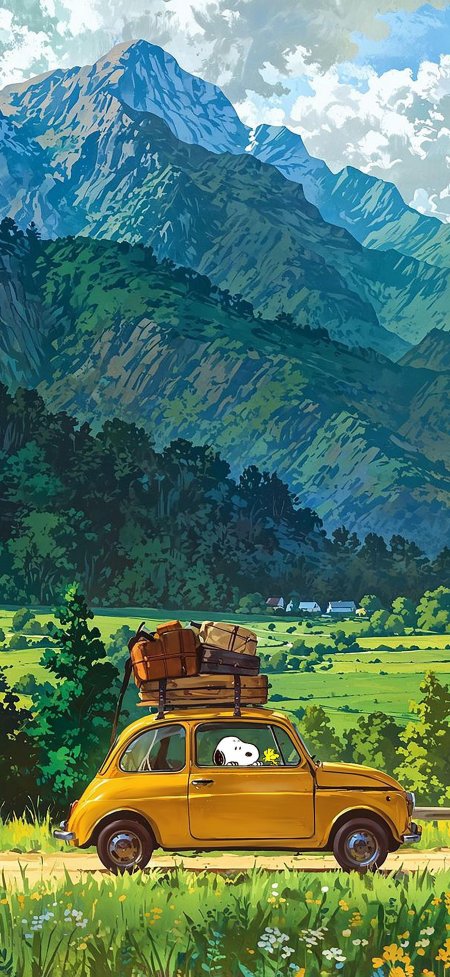 史努比黄色小车山野旅行动漫手机壁纸