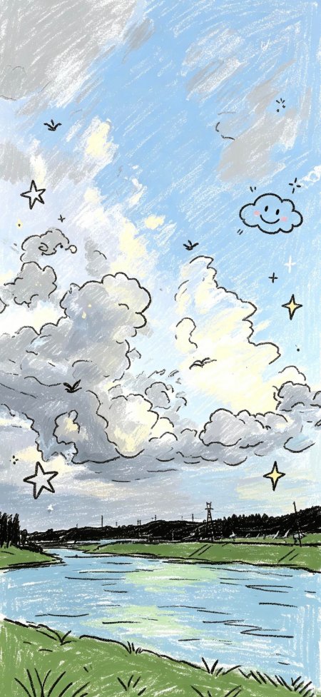 蜡笔风蓝天白云草地卡通创意手机壁纸