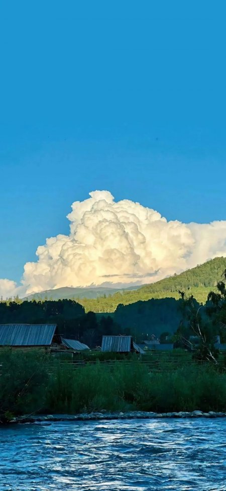 夏日蓝天白云山林河流风景手机壁纸
