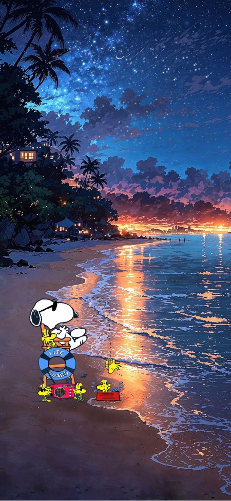 史努比海滩救生椅暮色动漫手机壁纸