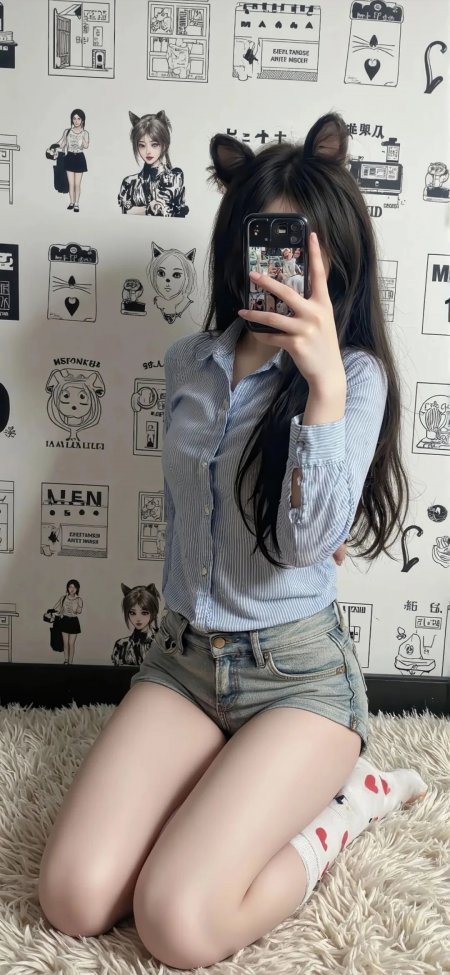 猫耳条纹衬衫跪姿自拍美女手机壁纸