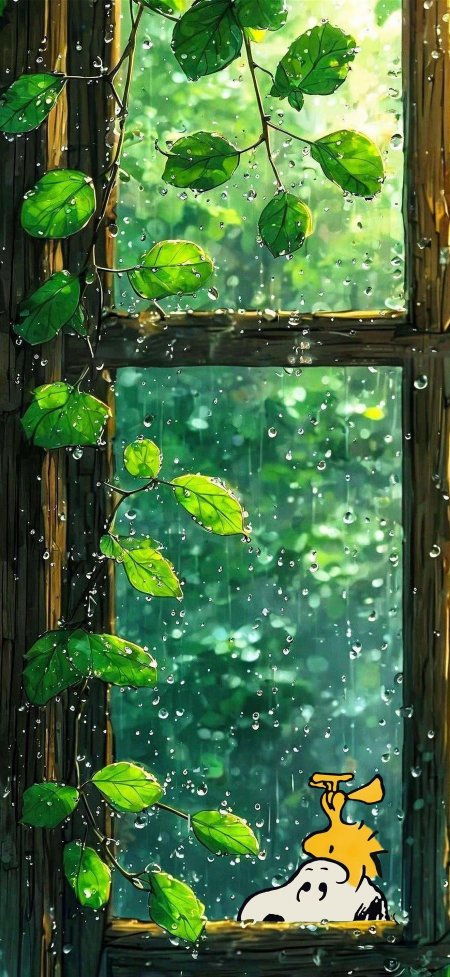 史努比雨天窗边观景动漫手机壁纸