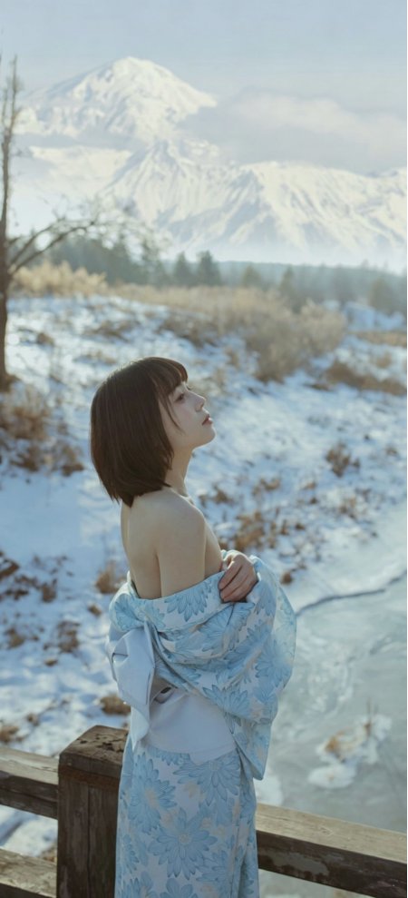 雪景和服短发清冷侧颜美女手机壁纸