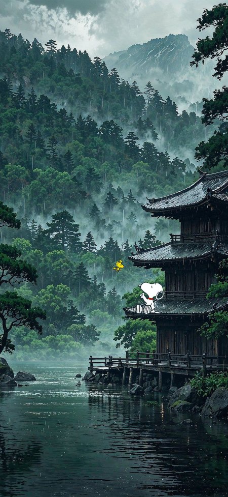 史努比古风湖畔山寺雨景动漫手机壁纸