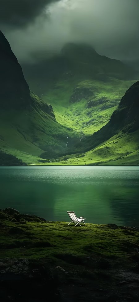 雾山碧湖独椅治愈系风景手机壁纸