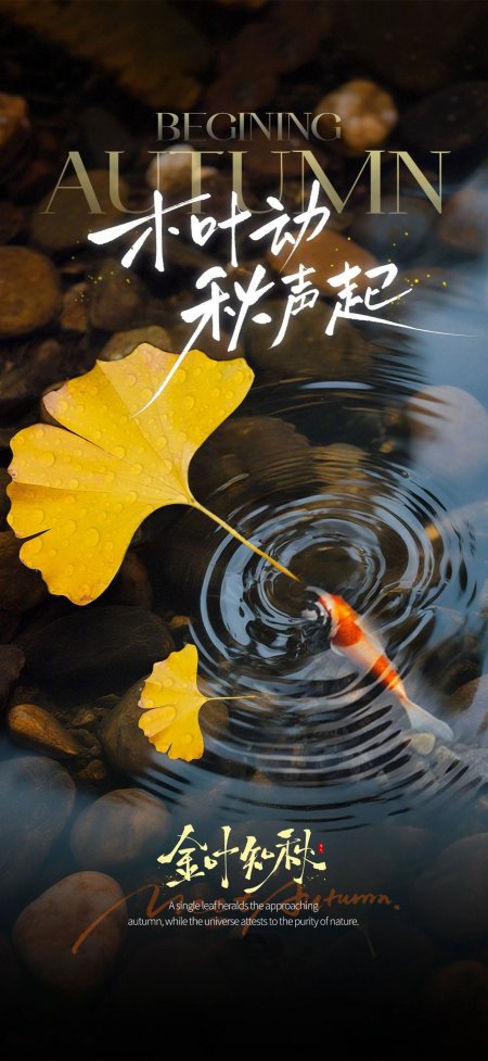银杏叶锦鲤秋意水面情感文艺手机壁纸