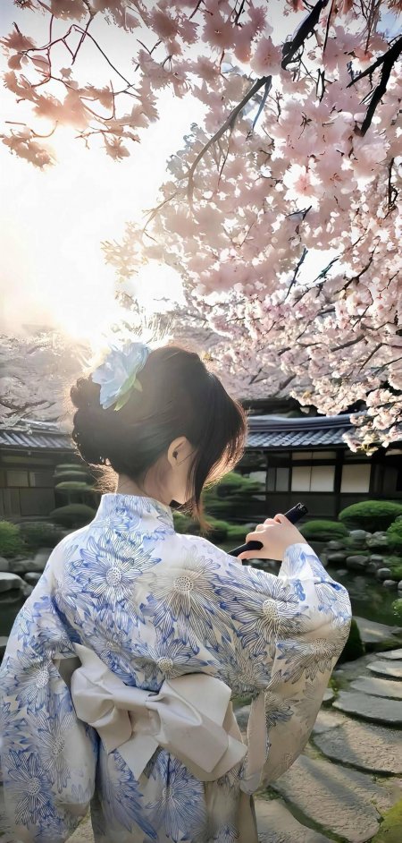 樱花和服庭院背影日系美女手机壁纸