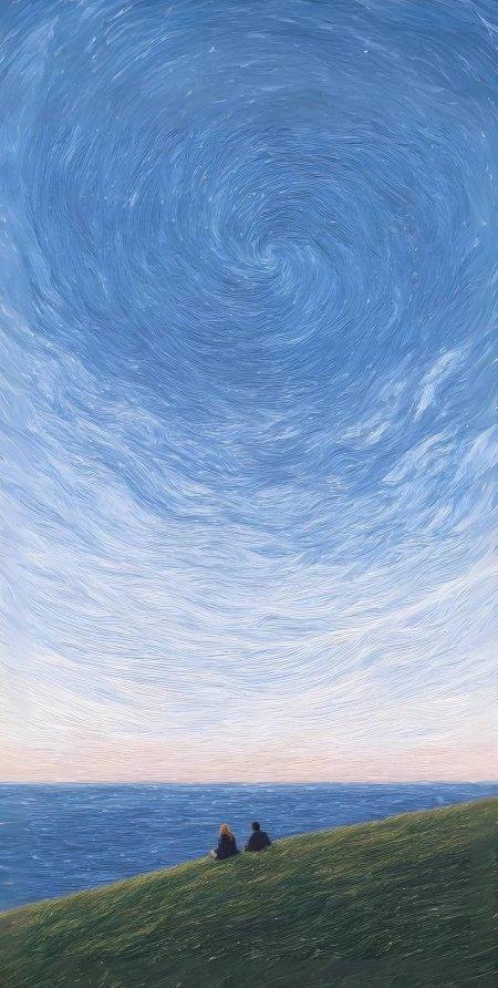 油画情侣海边仰望天空情感文艺手机壁纸