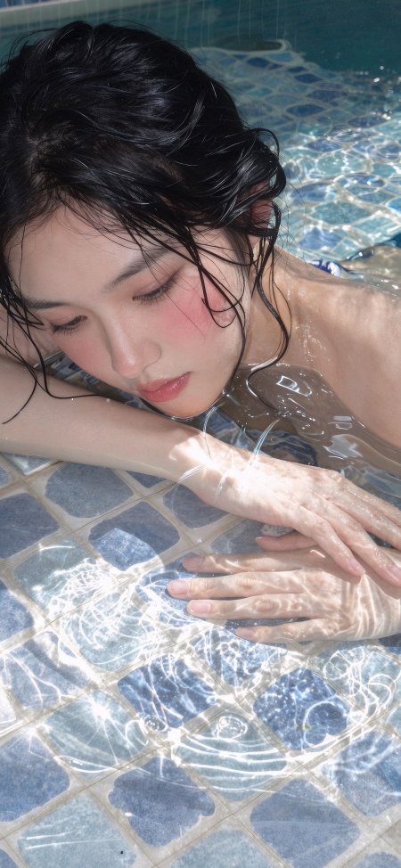 泳池湿发趴沿沉思清纯美女手机壁纸