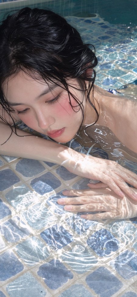 泳池湿发蓝瓷砖清新美女手机壁纸