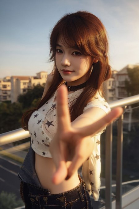 棕发比耶星纹上衣甜美美女手机壁纸