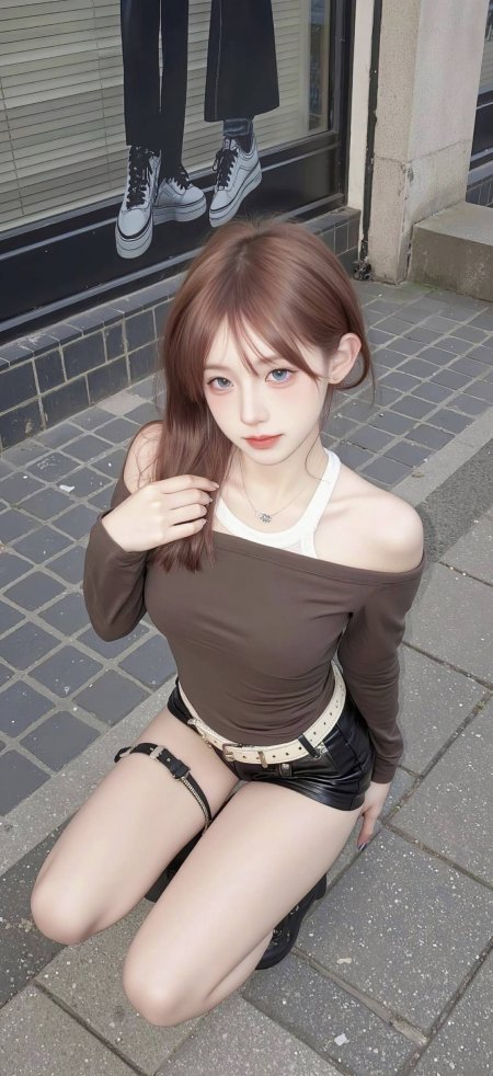 棕发跪姿露肩甜酷街拍美女手机壁纸
