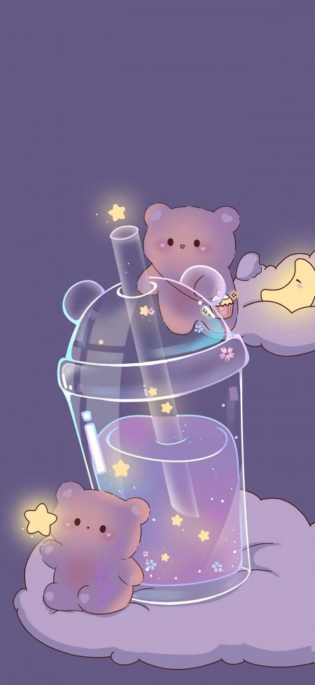 紫色奶茶小熊星月梦幻卡通创意手机壁纸