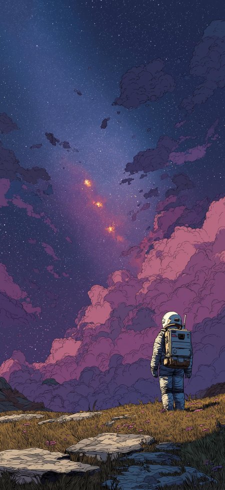 宇航员仰望紫霞星云科幻手机壁纸