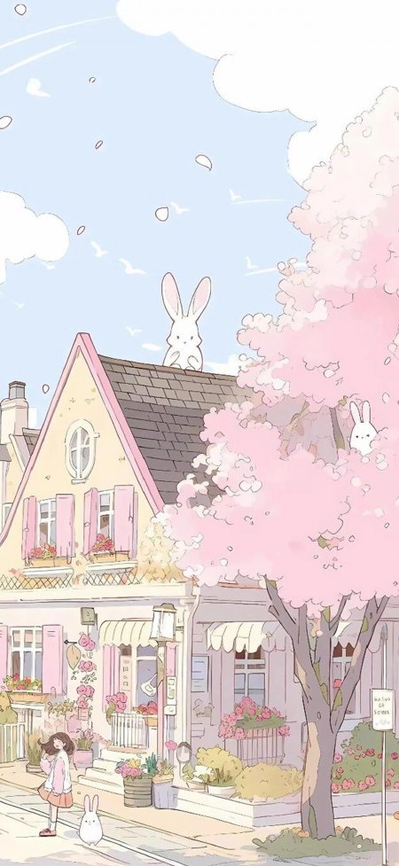 樱花小屋白兔漫步少女动漫手机壁纸
