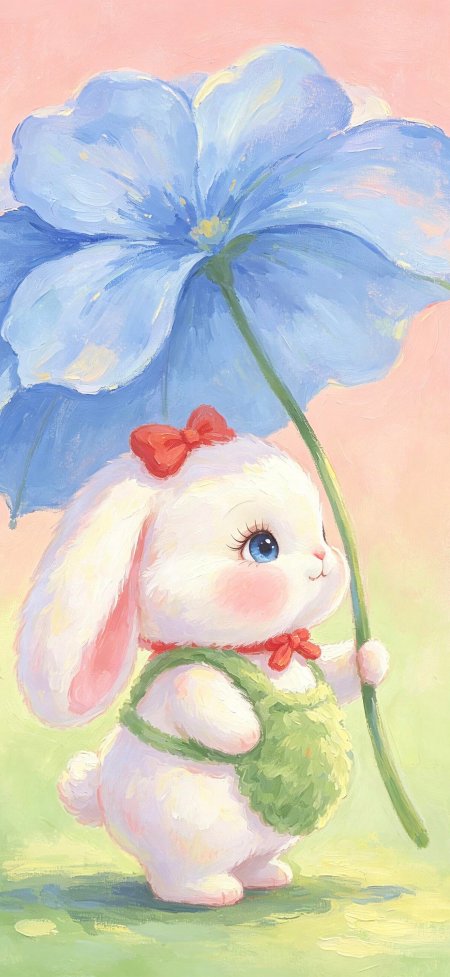 油画风白兔举蓝花蝴蝶结动漫手机壁纸