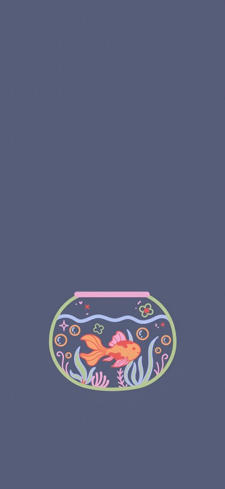 深蓝底卡通金鱼缸治愈插画创意手机壁纸