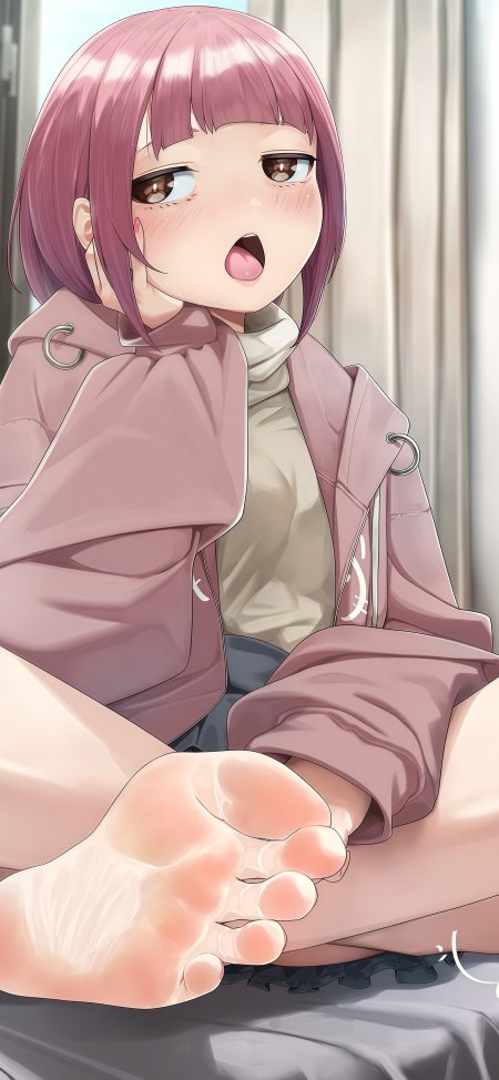 粉发少女连帽衫赤脚特写动漫手机壁纸