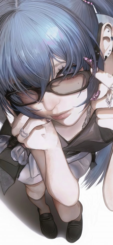 蓝发眼镜双马尾俯拍少女动漫手机壁纸