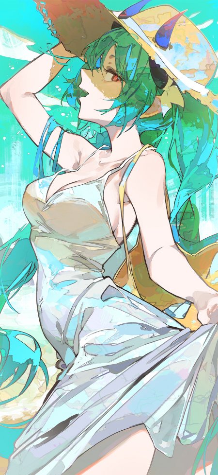 青发双马尾红瞳草帽夏日少女动漫手机壁纸