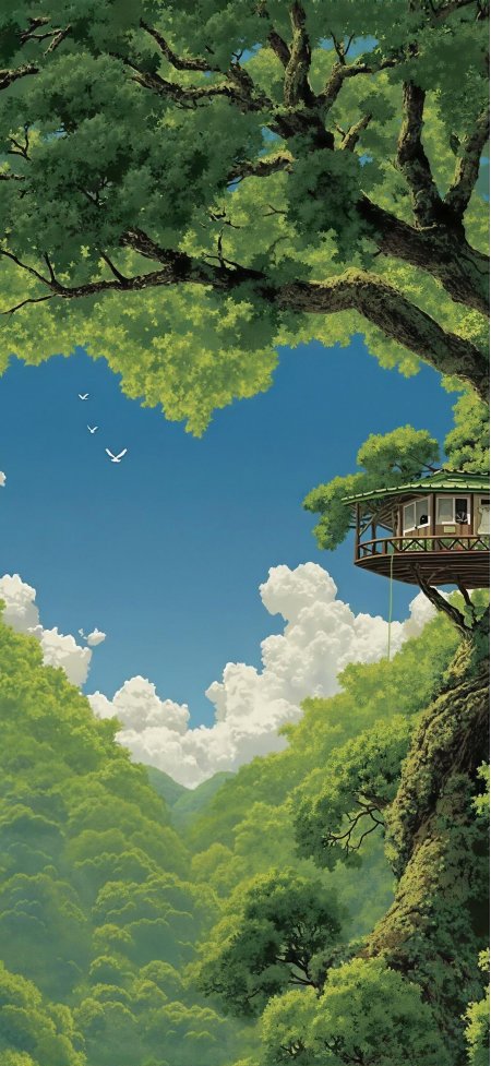 绿谷树屋蓝天白云治愈风景手机壁纸