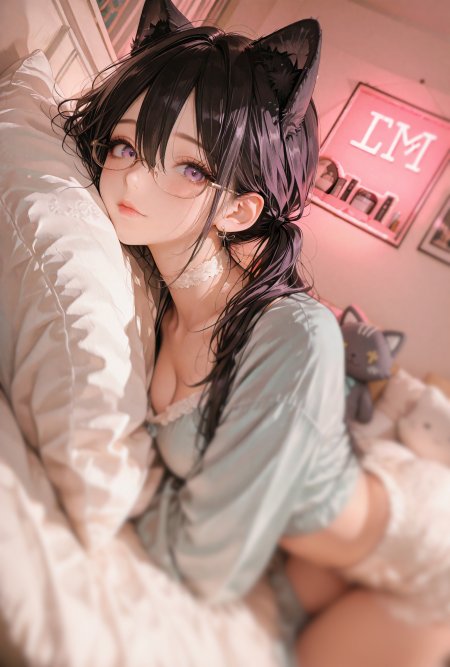 紫瞳猫耳眼镜娘卧室躺姿动漫手机壁纸