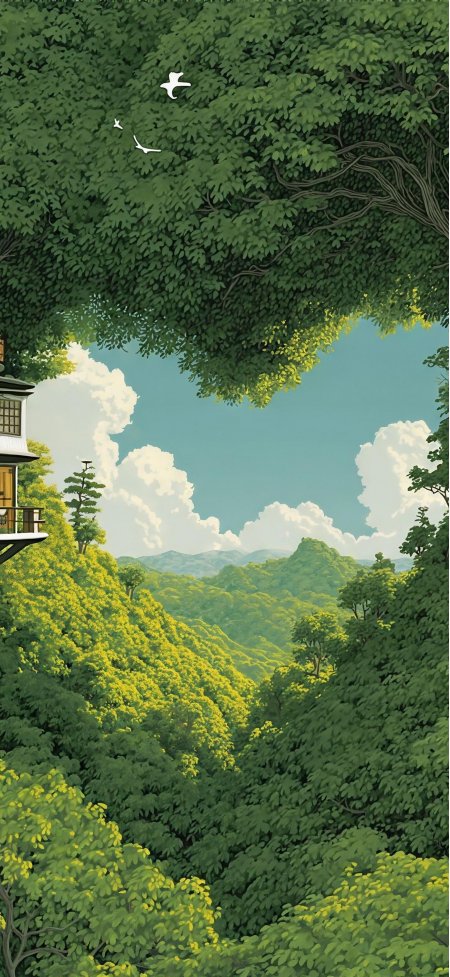 树荫俯瞰绿谷白云治愈风景手机壁纸