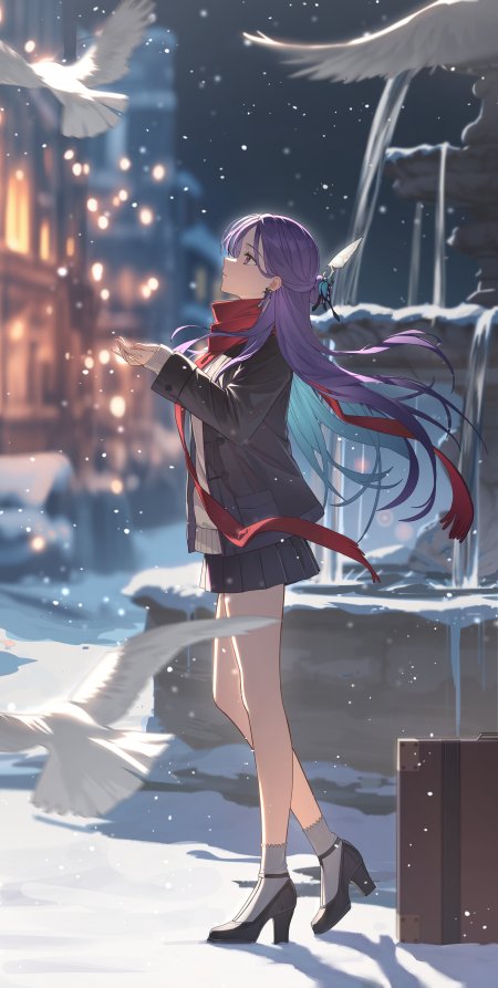 紫发红围巾雪夜广场少女动漫手机壁纸