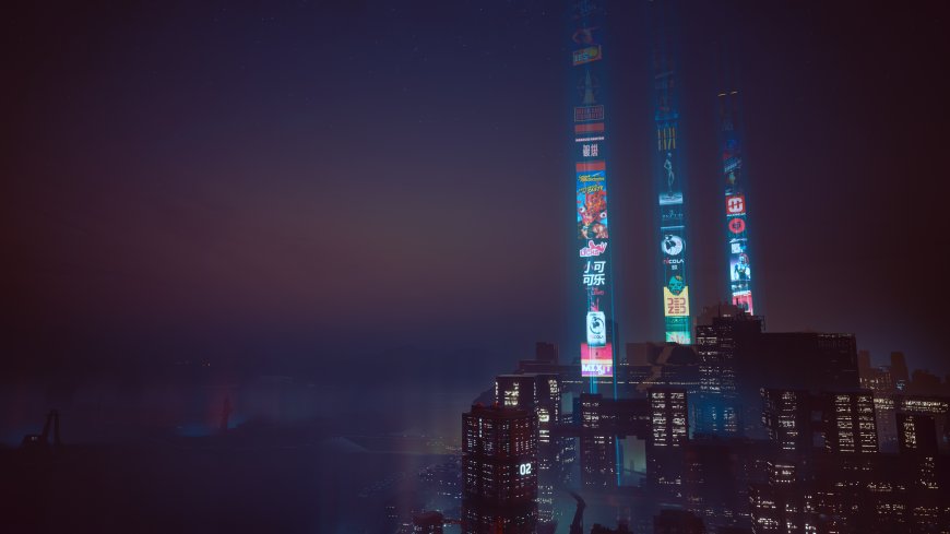 赛博朋克2077夜之城霓虹巨塔夜景科幻场景电脑壁纸