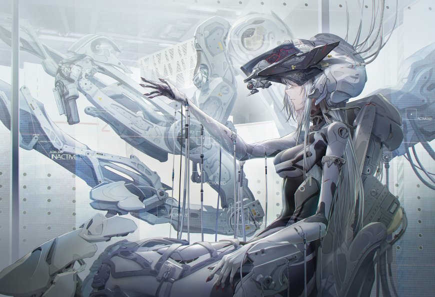 赛博朋克机械姬银发机甲科幻风插画少女电脑壁纸