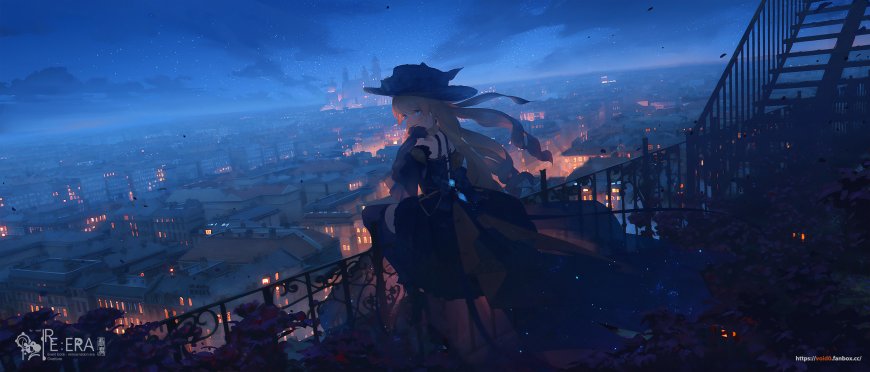 原创二次元黑裙魔女俯瞰城市夜景插画少女电脑壁纸