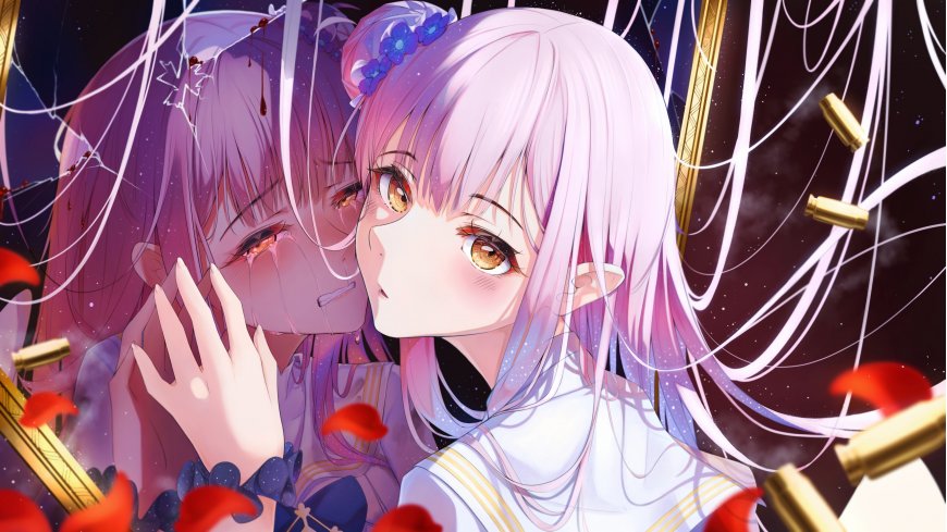 BanG Dream圣川真斗破碎镜面弹壳玫瑰花瓣少女动漫电脑壁纸