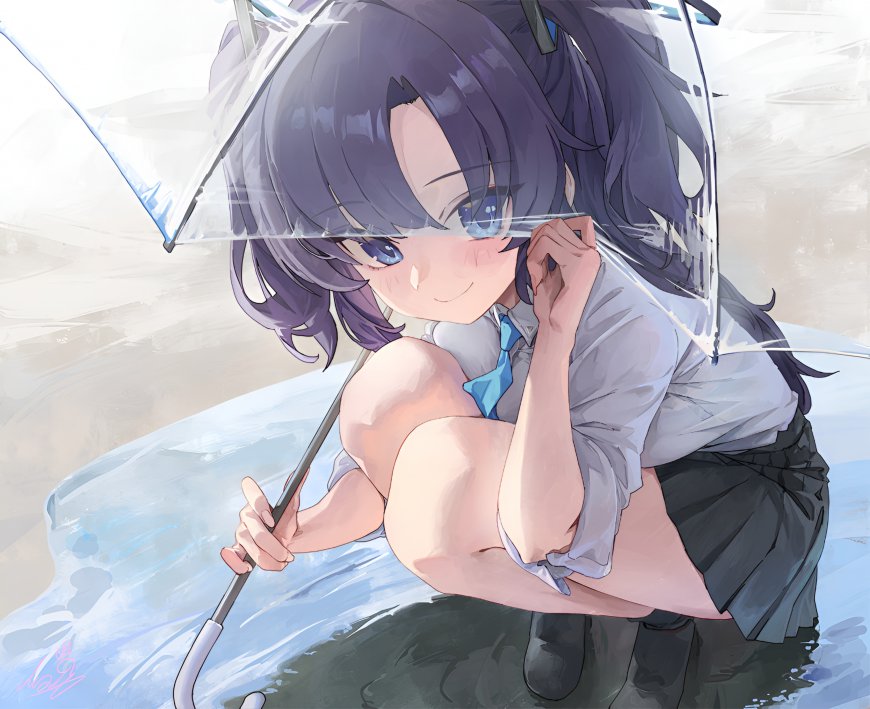 蔚蓝档案早濑优香雨中撑伞湿身校服唯美动漫电脑壁纸