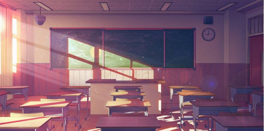 日系二次元唯美教室夕阳课桌光影场景动漫电脑壁纸