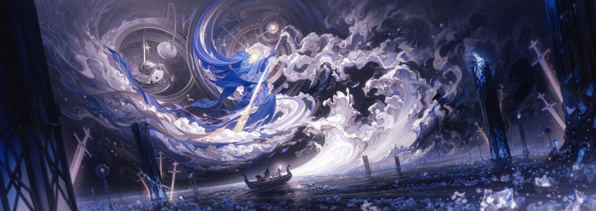 原创奇幻蓝袍法师云海巨浪星空插画场景电脑壁纸