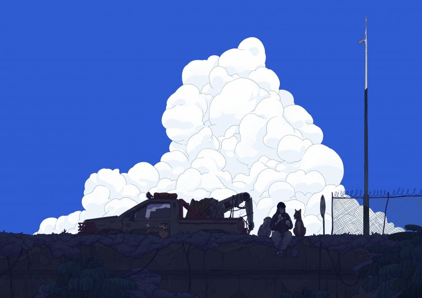 原创治愈系蓝天白云皮卡车少年与狗插画风景电脑壁纸