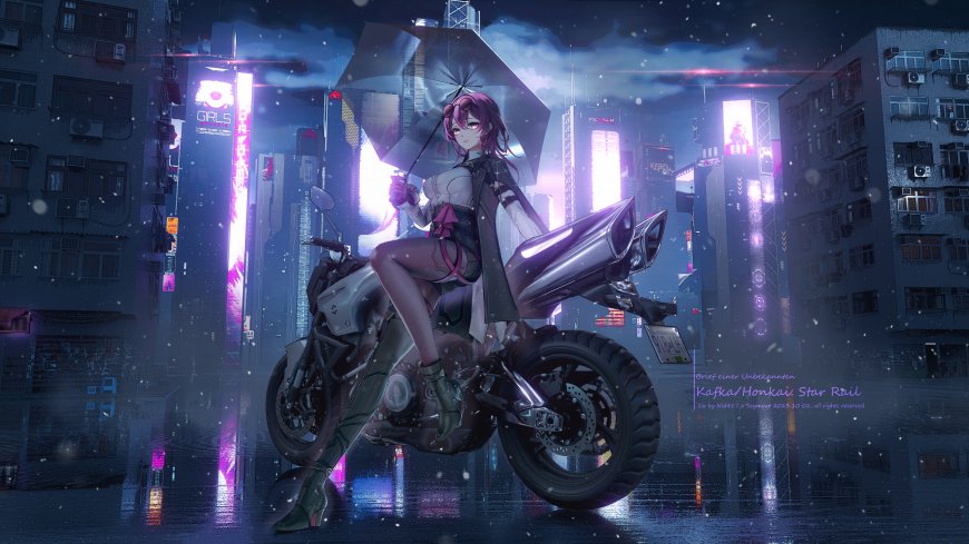 崩坏星穹铁道卡芙卡撑伞坐摩托赛博雨夜霓虹少女动漫电脑壁纸