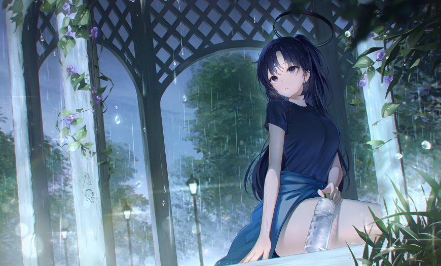 蔚蓝档案早濑优香雨亭持水瓶绿植环绕清新动漫电脑壁纸
